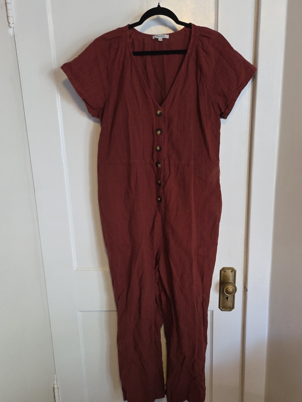 Madewell Linen/Cotton Pleat-Short-Sleeve Button-Front Jumpsuit in Rust